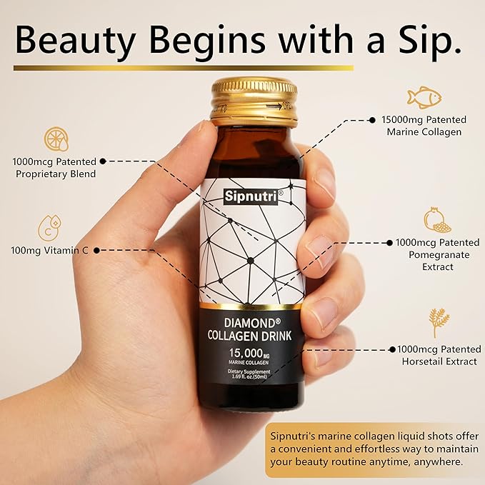 Diamond Liquid Collagen Drink, 15000 mg Hydrolyzed Marine Collagen Peptides with Vitamin C, Pomegranate, Healthy Hair Skin Nails Joints Bones Support, 50 ml x 10 Bottles