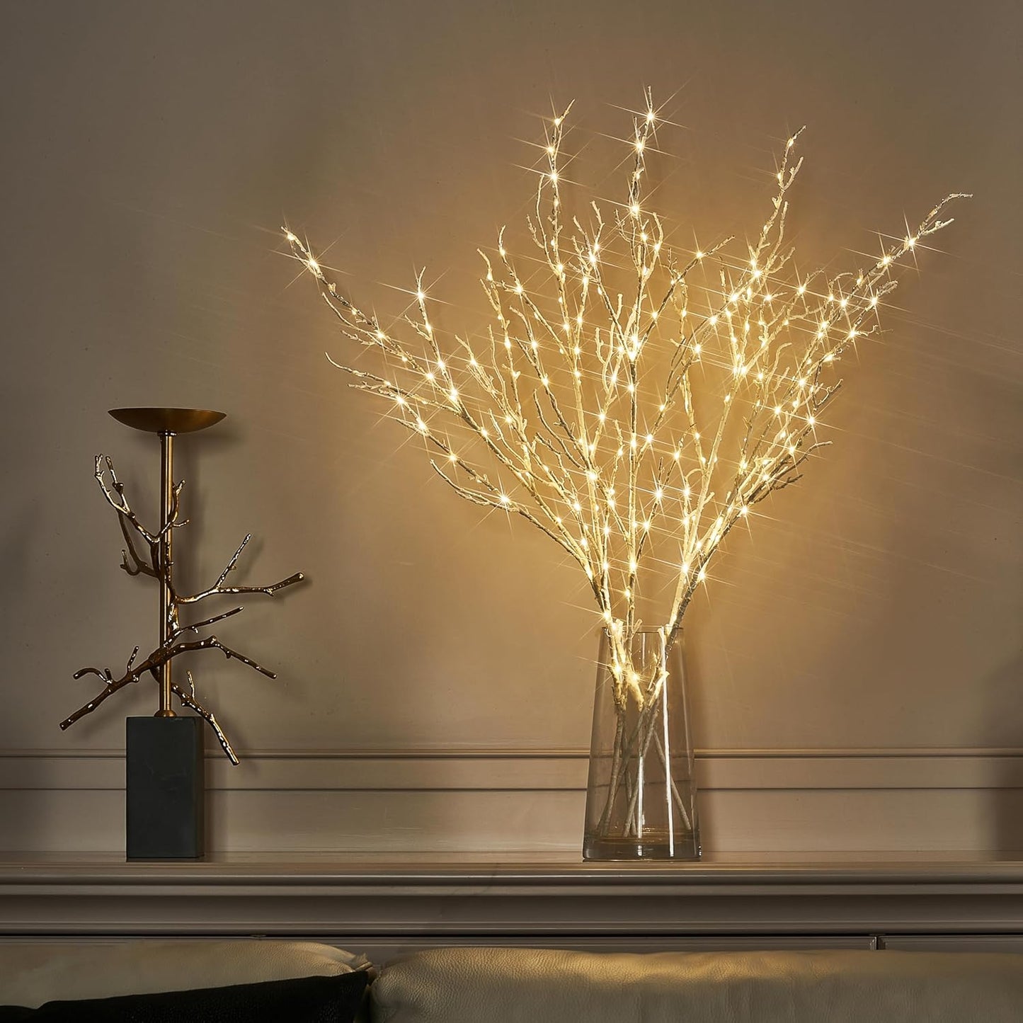 BAOLITVINE Lighted White Twig Branches 32IN 200 Warm White Fairy Lights, Lighted Willow Branches Plug in with Timer, Dimmer for Home Bedroom Fireplace Christmas Decoration Inside Outdoor