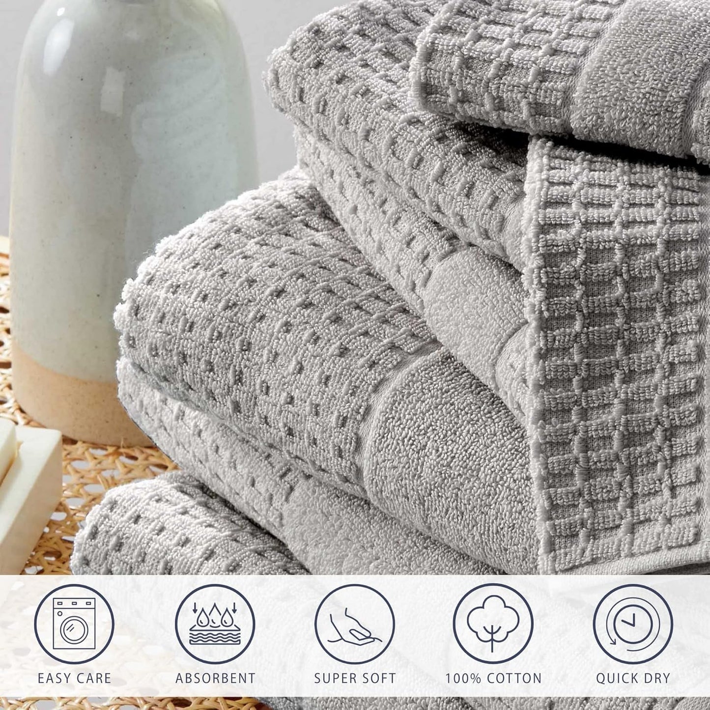 100% Cotton Super Soft Luxury Towel Set | Quick-Dry and Highly Absorbent | Waffle Textured | 550 GSM | 2 Bath Towels, 2 Hand Towels, & 2 Washcloths | Harper Collection (Light Grey)