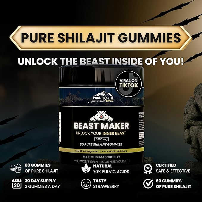 Beast Maker - Pure Shilajit Gummies for Men | Natural Himilayan Organic Shilajit Authentic Male Enhancement Supplement with Ashwagandha, Black Musli, Gokshura | 60 Gummies