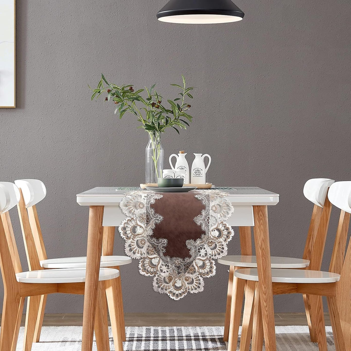 Vintage Lace Dining Table Runner, 120 Inches Floral Coffee Table Runners for Kitchen Home Christmas Party Decorations (16x120 inch, Brown)