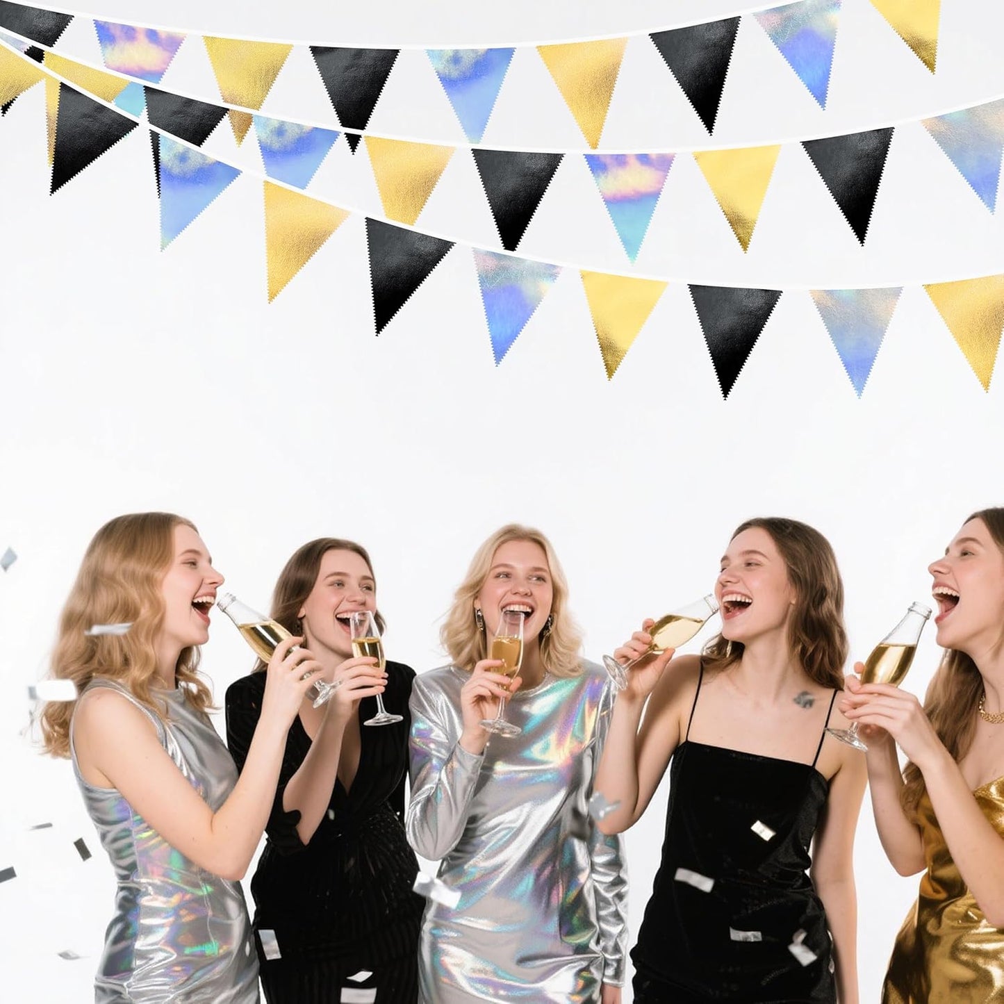 Black Gold Iridescent Party Decorations Triangle Pennant Banner Flag Metallic Fabric Bunting for Birthday Graduation Retirement Wedding Bridal Shower Engagement Bachelorette Disco Party Supplies