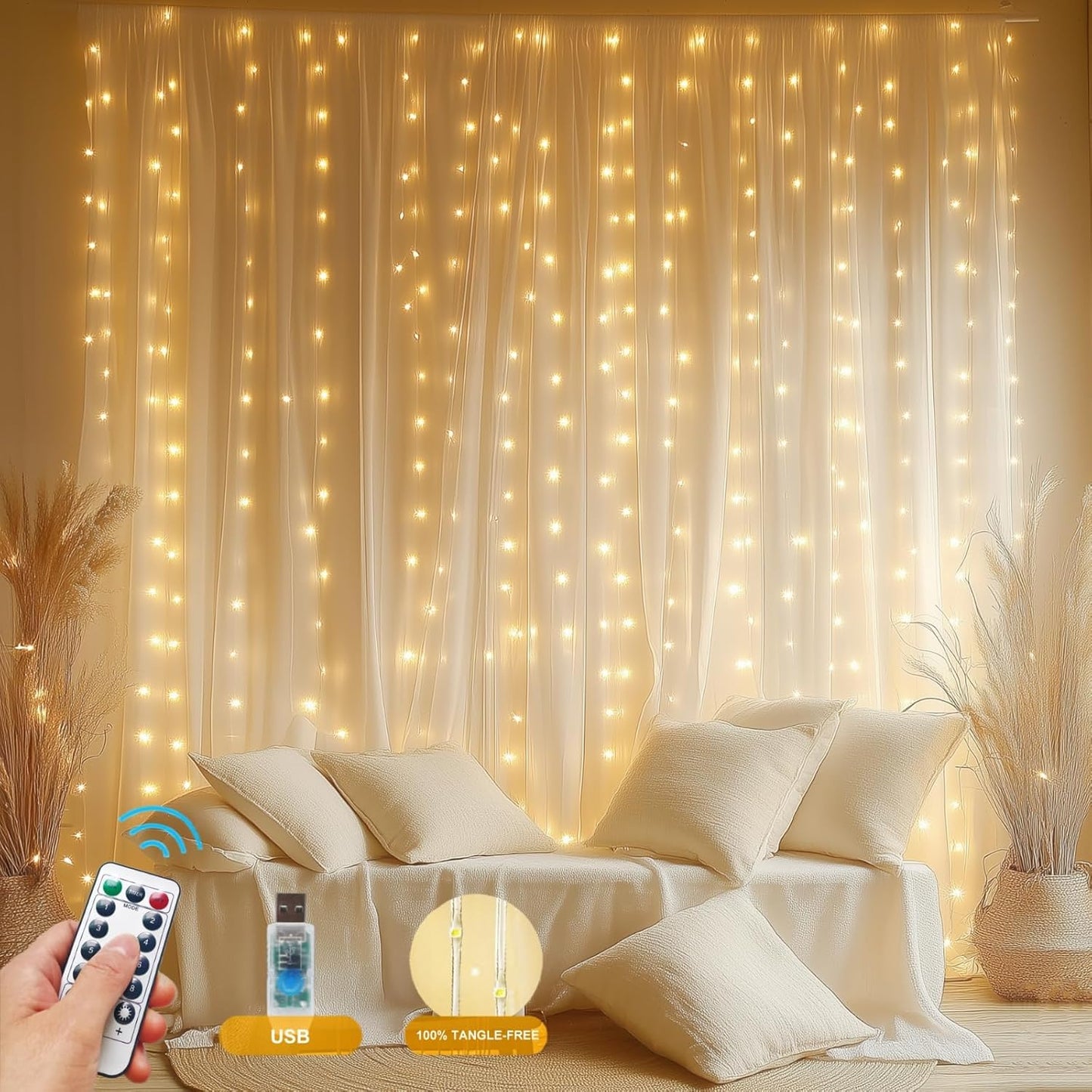 Fairy Curtain Lights Upgraded Tangle-Free Warm White USB Plug in 8 Modes String Hanging Lights with Remote for Christmas, Bedroom, Indoor, Outdoor, Weddings, Party (6.6FTx10FT)