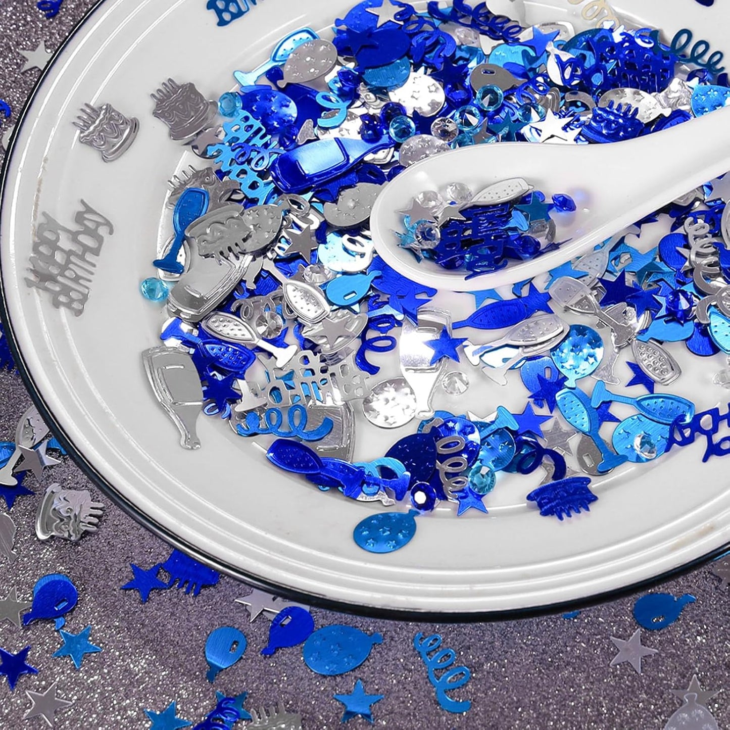 VHUWE Happy Birthday Confetti, 1.6 oz Dark Blue Light Blue Silver Cake Balloon Star Goblet Bottle Glitter Confetti for Boys Girls Kids Women Men Happy Birthday Party Table Decorations Supplies