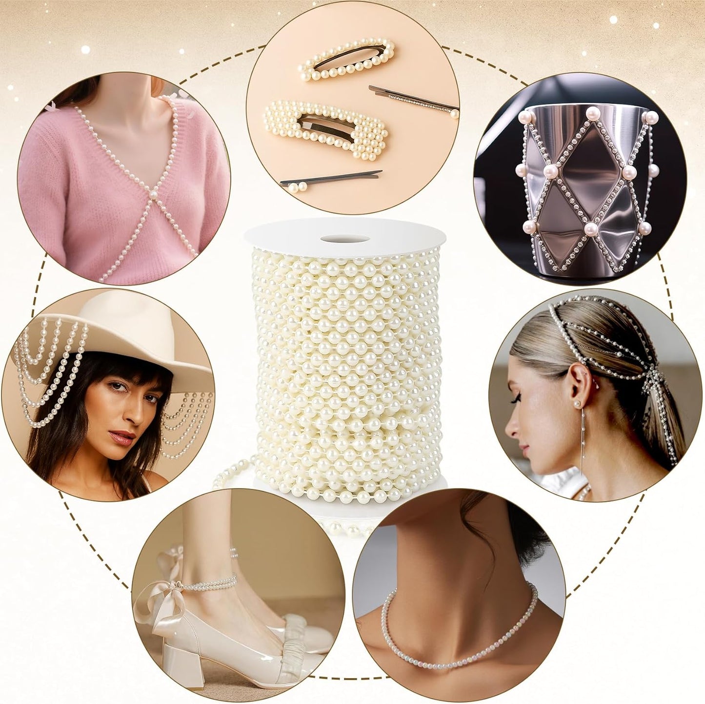 Pearl Beads Garland, 6 MM Ivory Faux String of Pearls 82FT Pearl Garland for Christmas Tree Pearls Beads Strand Spool Bead Roll for Crafts Floral Centerpieces Wedding Party Christmas Tree Decorations