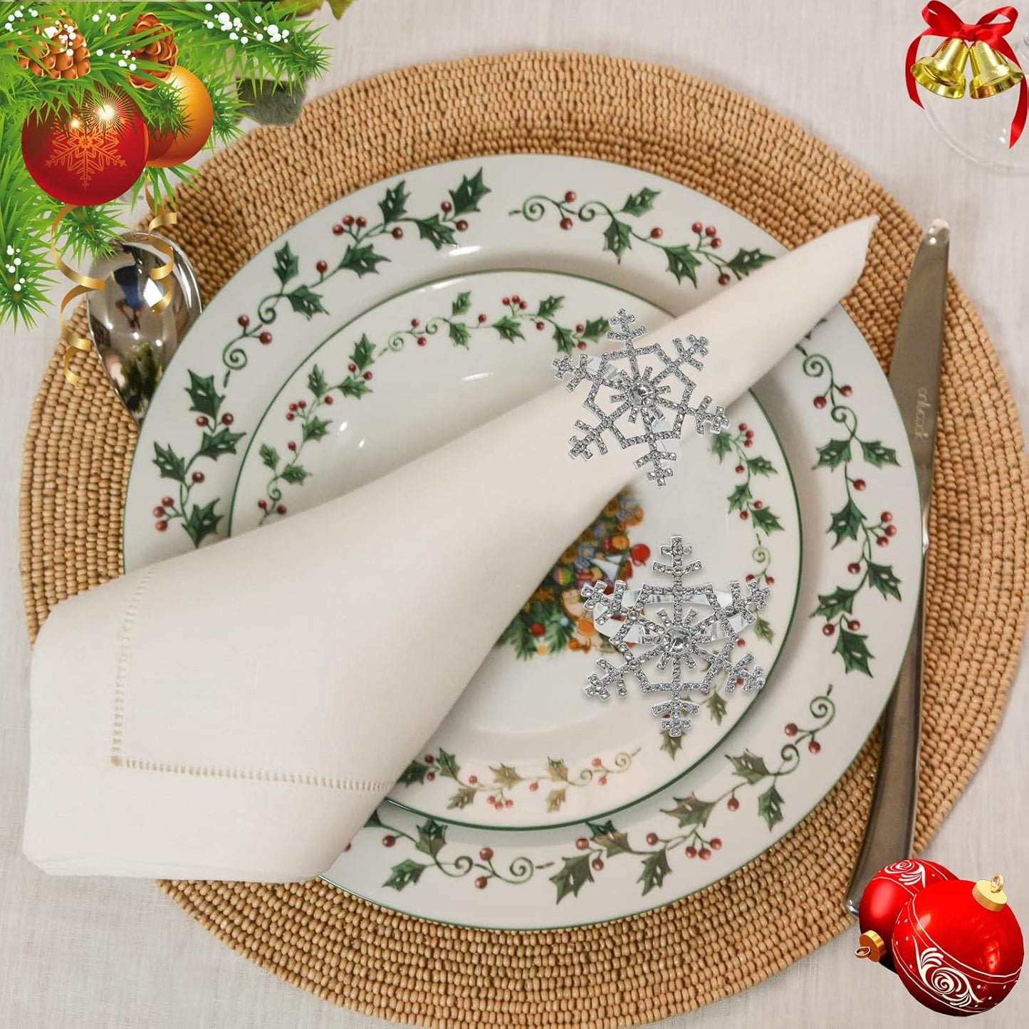 Halatool Set of 6 Christmas Rhinestone Snowflake Napkin Rings for Xmas Dining Table- Napkin Ring Holder for Christmas, Thanksgiving, Holiday Party Table Decoration