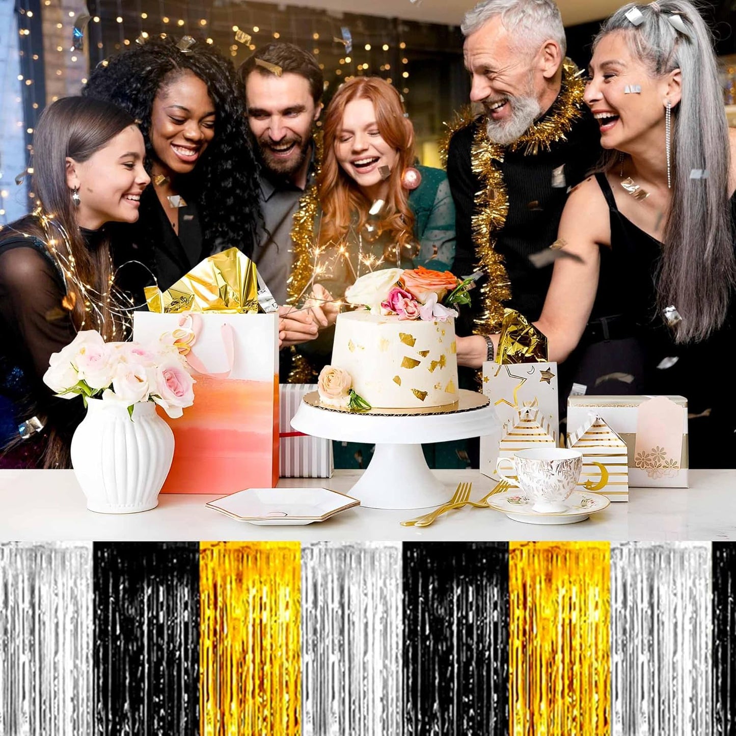 3 Pack 29 x108 Inch Black Gold Silver Foil Fringe Table Skirts Metallic Banner for Tinsel Streamer Garland Backdrop for Parade Floats Mother's Day, Graduate, Birthday, Wedding Party Decoration