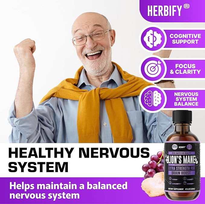 HERBIFY Lions Mane Supplement - Daily Mushroom Supplement for Memory, Focus & Clarity - Brain Booster - Lions Mane Tincture for Immune Support - 4 Fl oz Grape Flavor