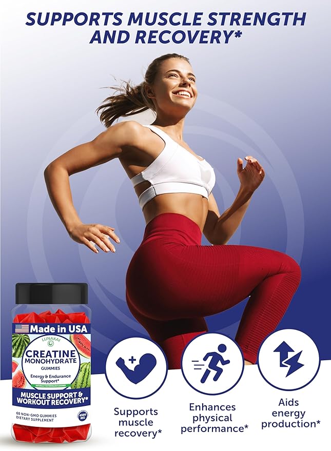 Lunakai USA Made Creatine Monohydrate Gummies for Women & Men – Vegan Creatine Gummies for Muscle & Recovery Support – Pre Workout Supplement, 60ct