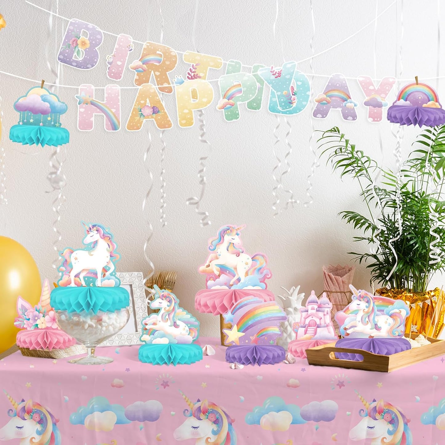 Unicorn Birthday Party Supplies Set - Rainbow Table Decorations with Honeycomb Centerpiece for Unicorn Party Decorations