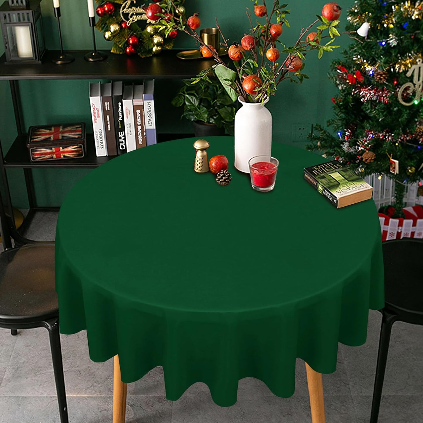 sancua Round Tablecloth - 60 Inch - Water Resistant Spill Proof Washable Polyester Table Cloth Christmas Decorative Fabric Table Cover for Dining Tables, Buffet Parties and Camping, Hunter Green