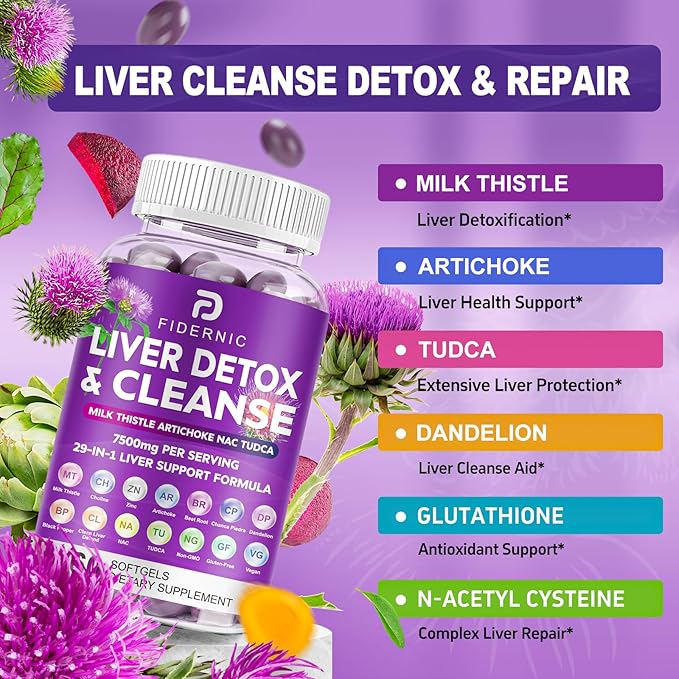 Liver Cleanse Detox & Repair - Herbal Liver Support Milk Thistle Supplement, 7500mg Strength Liver Health Support with Silymarin Artichoke Extract Dandelion Beet TUDCA Choline NAC, 120 Vegan Softgels