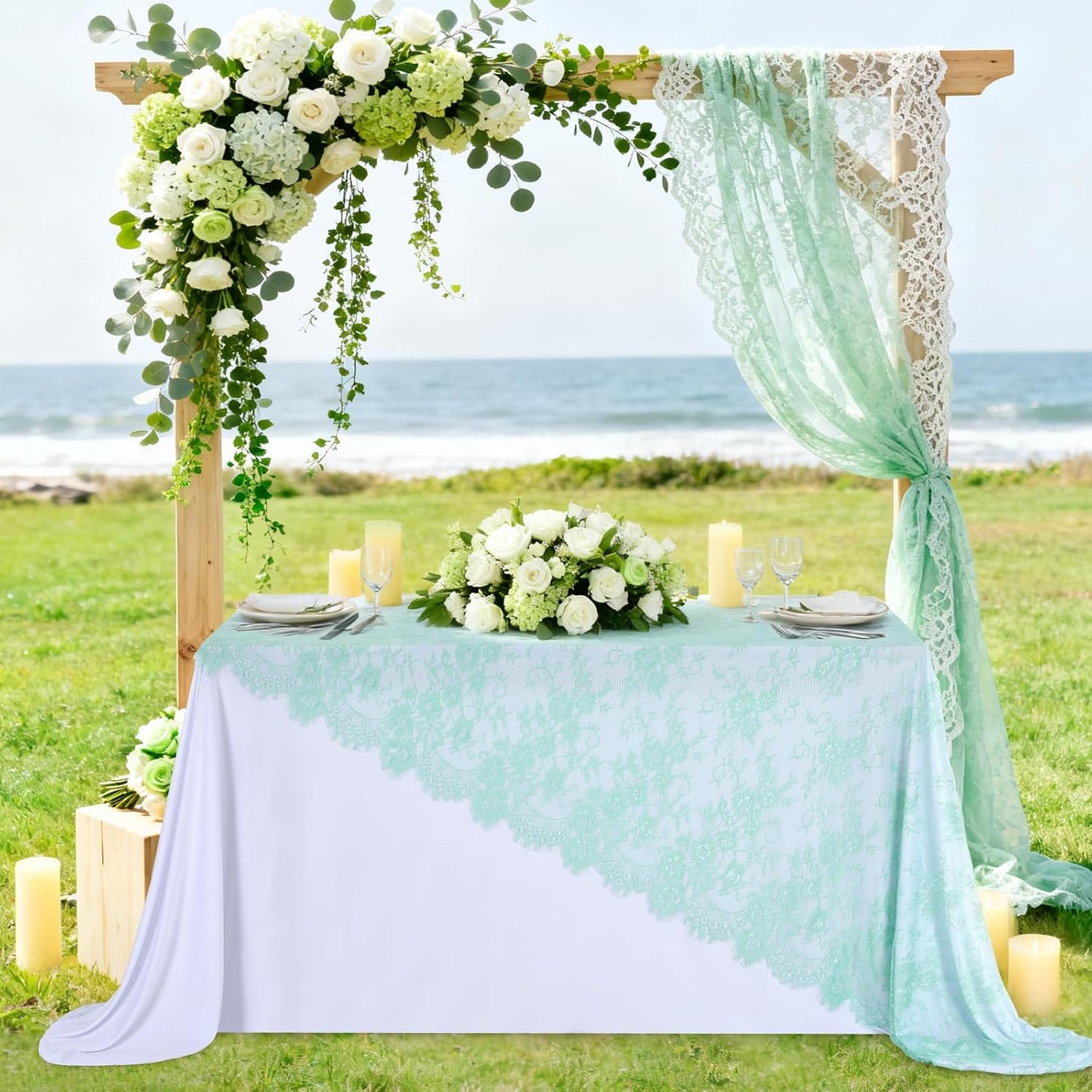 Light Green Lace Tablecloth Sheer Table Fabric 2pcs 60x120 Inch for Scary Movies Rustic Wedding Bridal Shower Party Decoration Rectangle Overlay Vintage Embroidered Reception Table Cloth Decor