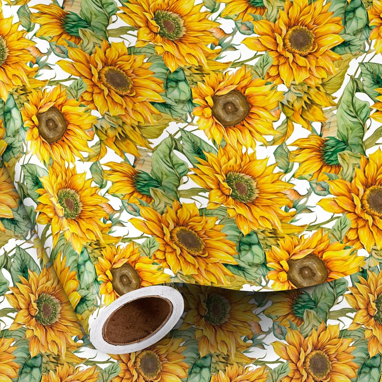 RUSPEPA Sunflower Wrapping Paper Roll for Women Girls, Mini Roll, Bright Yellow Sunflower Floral Design with Green Leaves, Cheerful Gift Wrap for Birthday, Wedding, Mother's Day, 17 Inches x 16.4 Feet