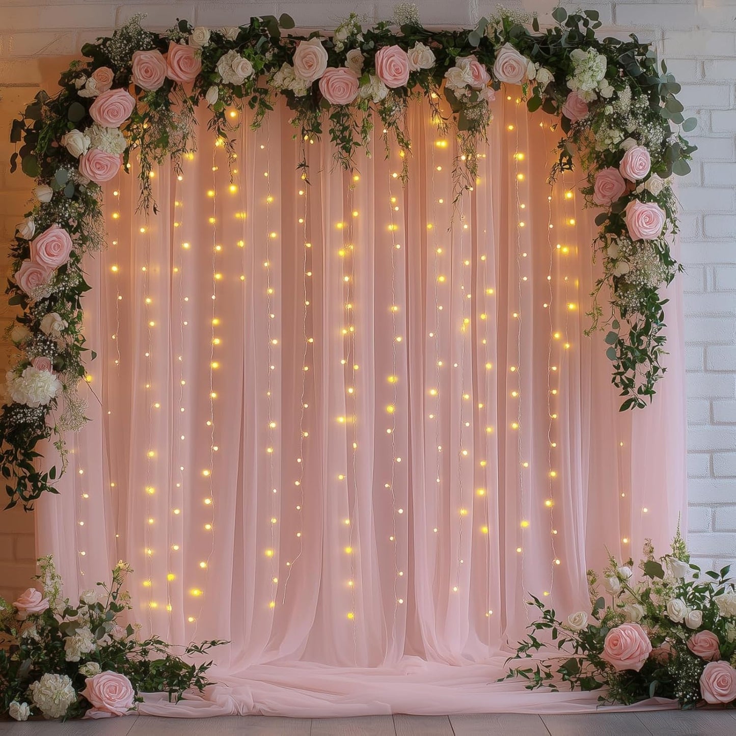 Pink Tulle Backdrop Curtain with Lights String - 10x8ft Sheer Backdrop with 250 LEDs for Wedding, Baby Shower, Bridal Shower, Birthday Party Photo Shoot Background and Home Decorations
