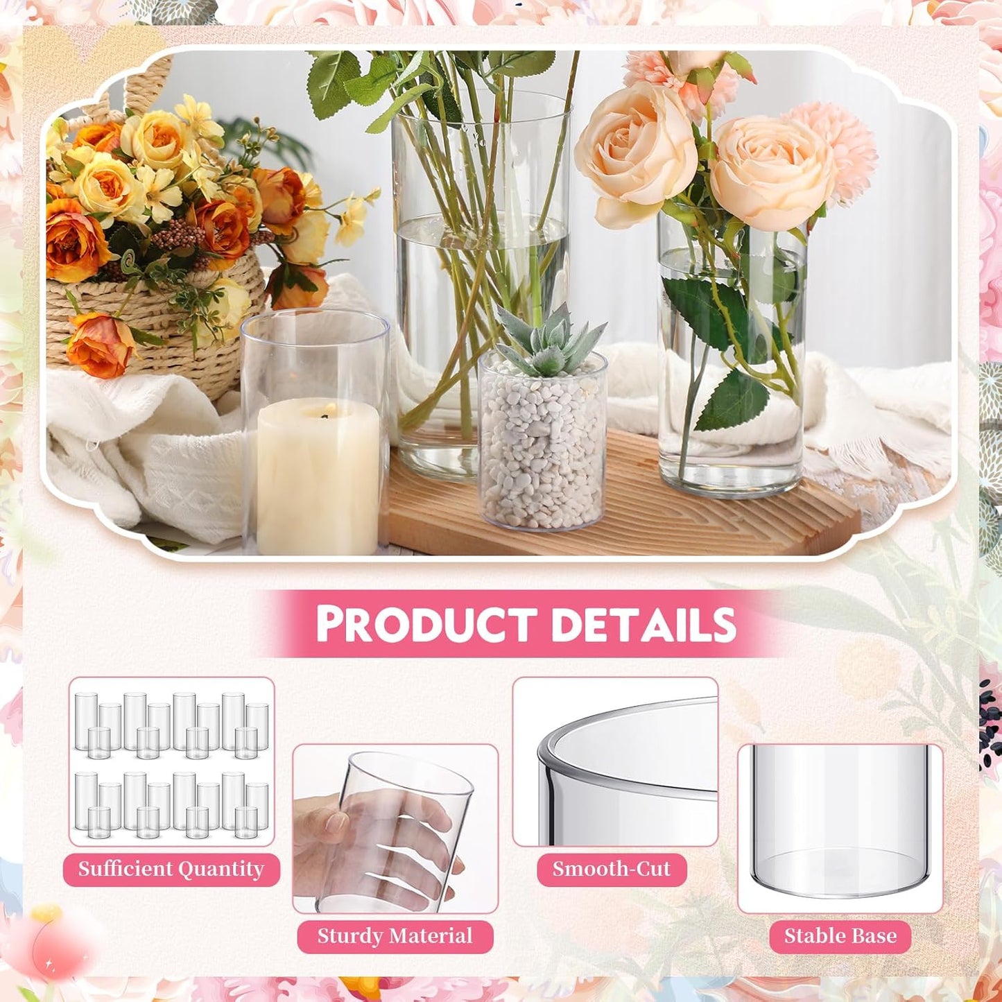 Nuogo 48 Pcs Plastic Cylinder Vases Tall Clear Flower Vases for Centerpieces Hurricane Candle Holder for Home Wedding Office Party Formal Dinners Decorations (4''/6''/8'')