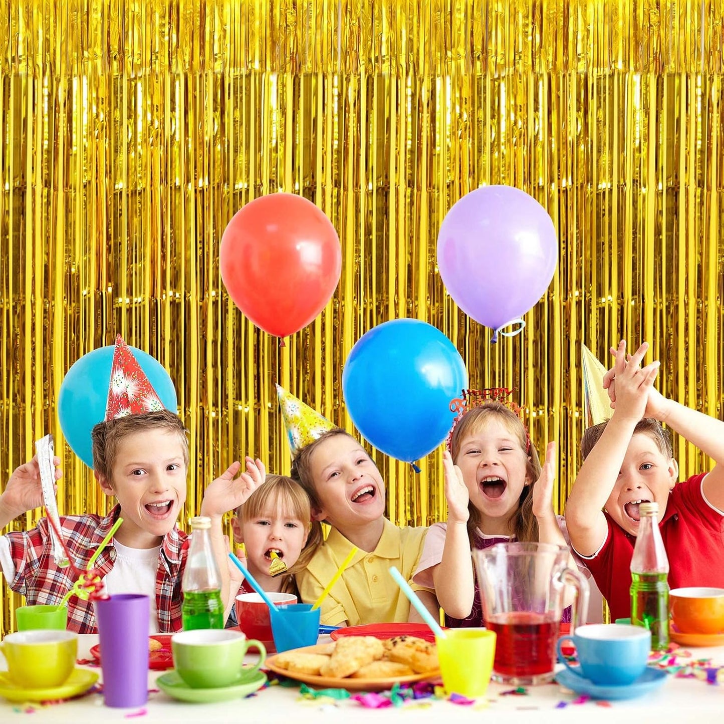 2 Pack Gold Fringe Curtains Foil Shiny Fringe Backdrop Tinsel Door Streamers Foil Curtains for Birthday Wedding Engagement Bridal Shower Celebration Party Decorations Large