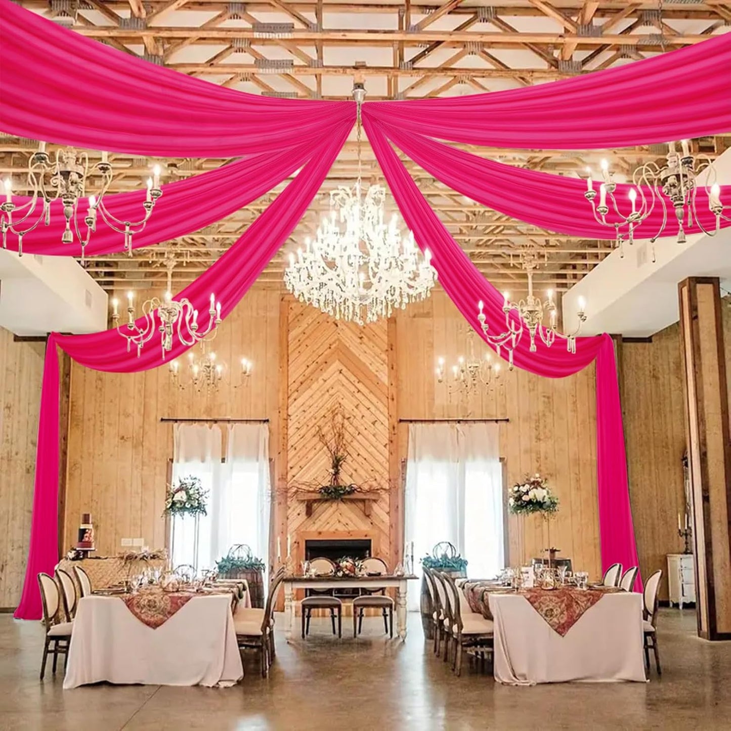 DUOBAO Elegant 20ft Hot Pink Chiffon Wedding Curtains - 6 Panels Sheer Drapes for Stage, Tent, and Photo Backdrops