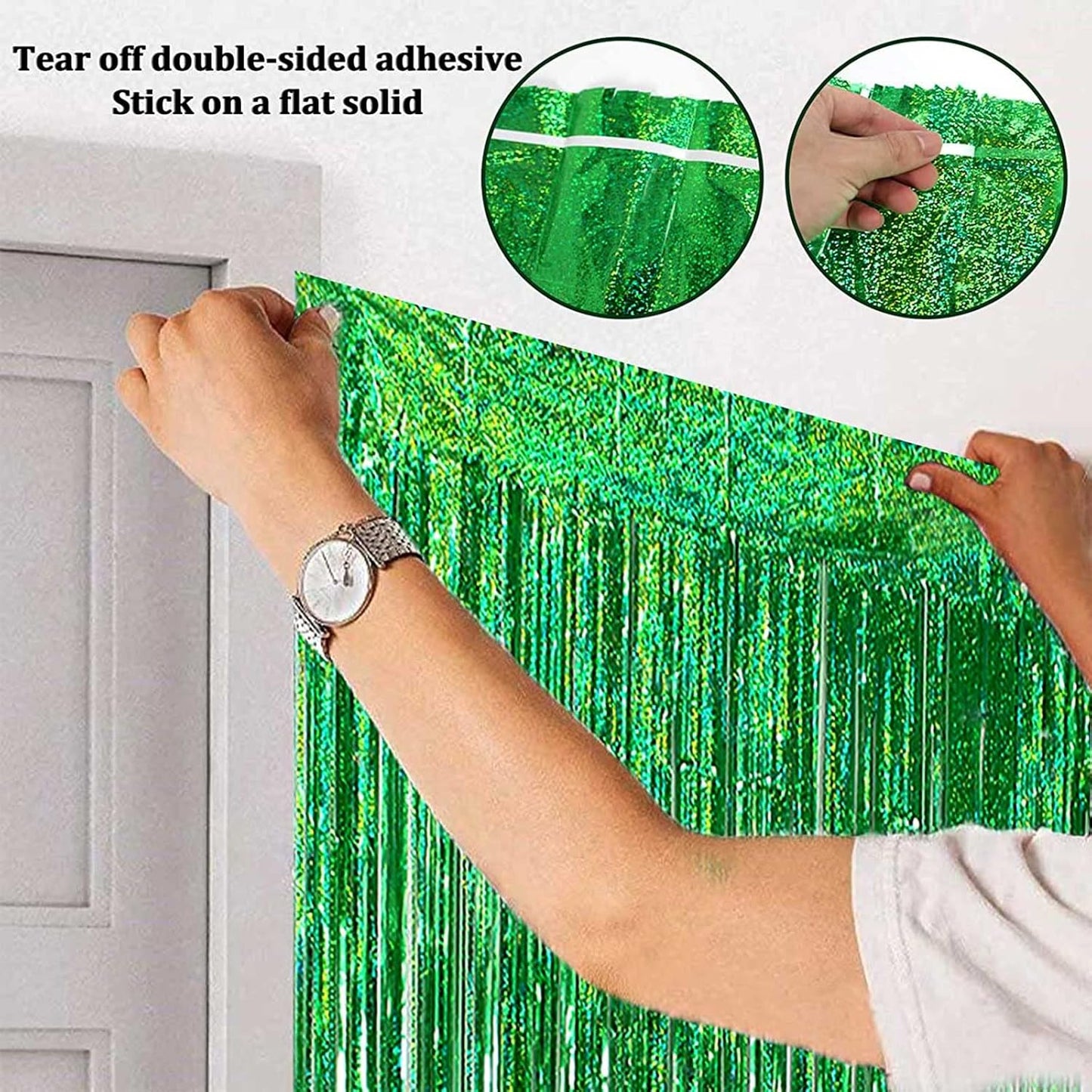 4 Pack Green Foil Fringe Curtain Backdrop, 3.28Ft x 8.2Ft Metallic Tinsel Foil Fringe Streamer Curtains for Photo Booth Props Decor Party Supplies