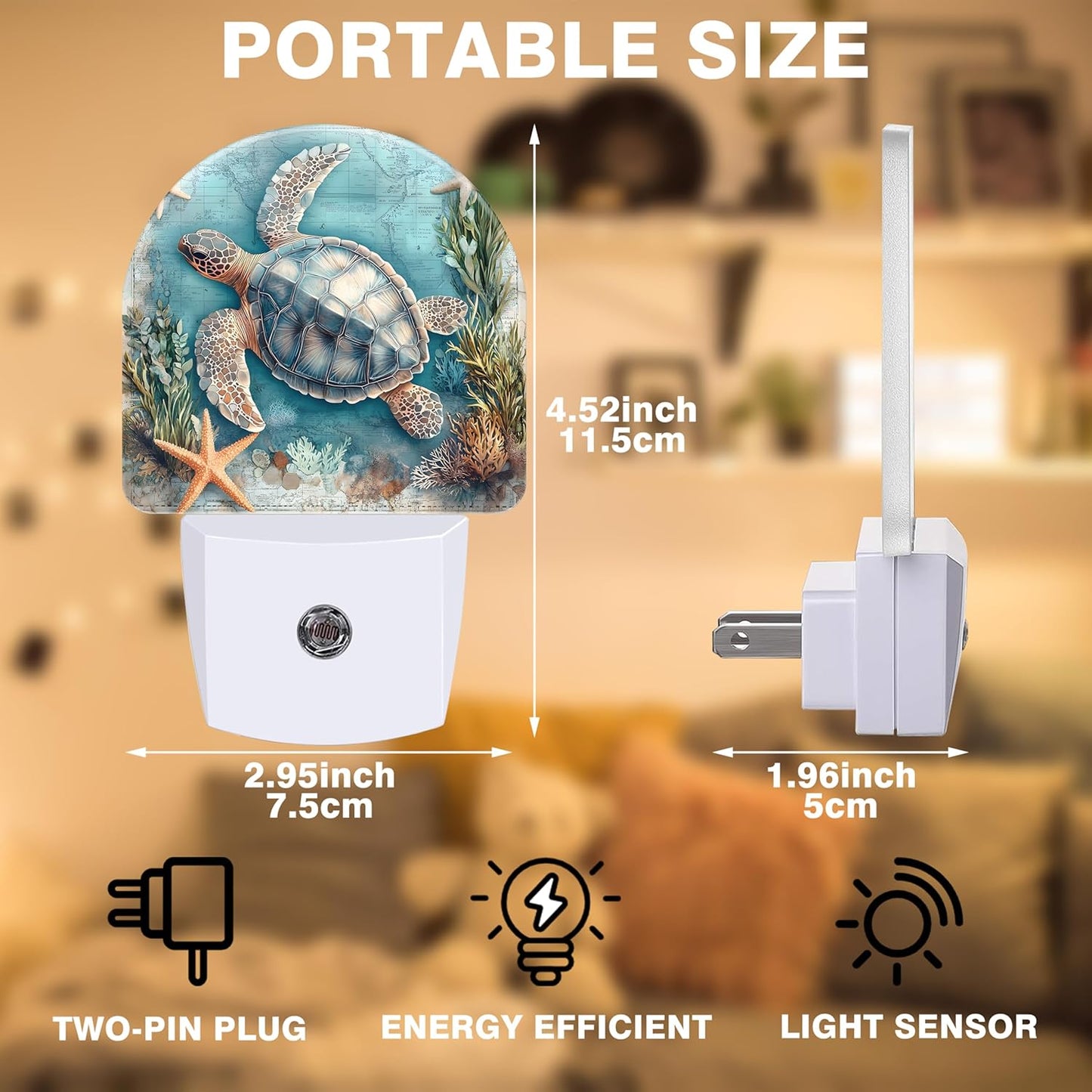 Starfish World Map Night Lights Plug into Wall Sea Turtle Night Light Dusk to Dawn Smart Sensor Decorative Round Led Lamp for Bedroom Kitchen Hallway Nightlight for Women Men