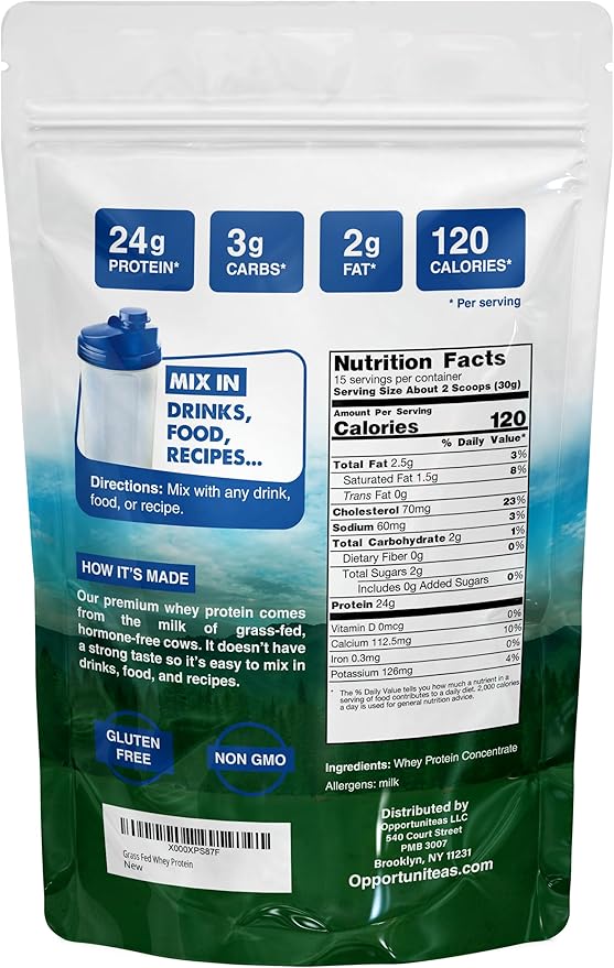 Opportuniteas Grass Fed Whey Protein Powder Concentrate - 1 Ingredient - Pure Protein Supplement for Drink, Smoothie, Shake, Cooking & Baking - Non GMO, Hormone Free & Gluten Free - 1 Pound