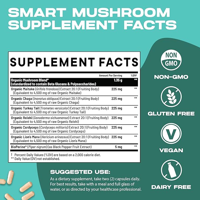 Smart Mushrooms Complex Supplement | Supports Memory, Mental Focus, Cognitive Health & Energy | 27,000mg Organic Mushrooms | Lions Mane, Reishi, Cordyceps, Chaga & Turkey Tail | 240 Capsules