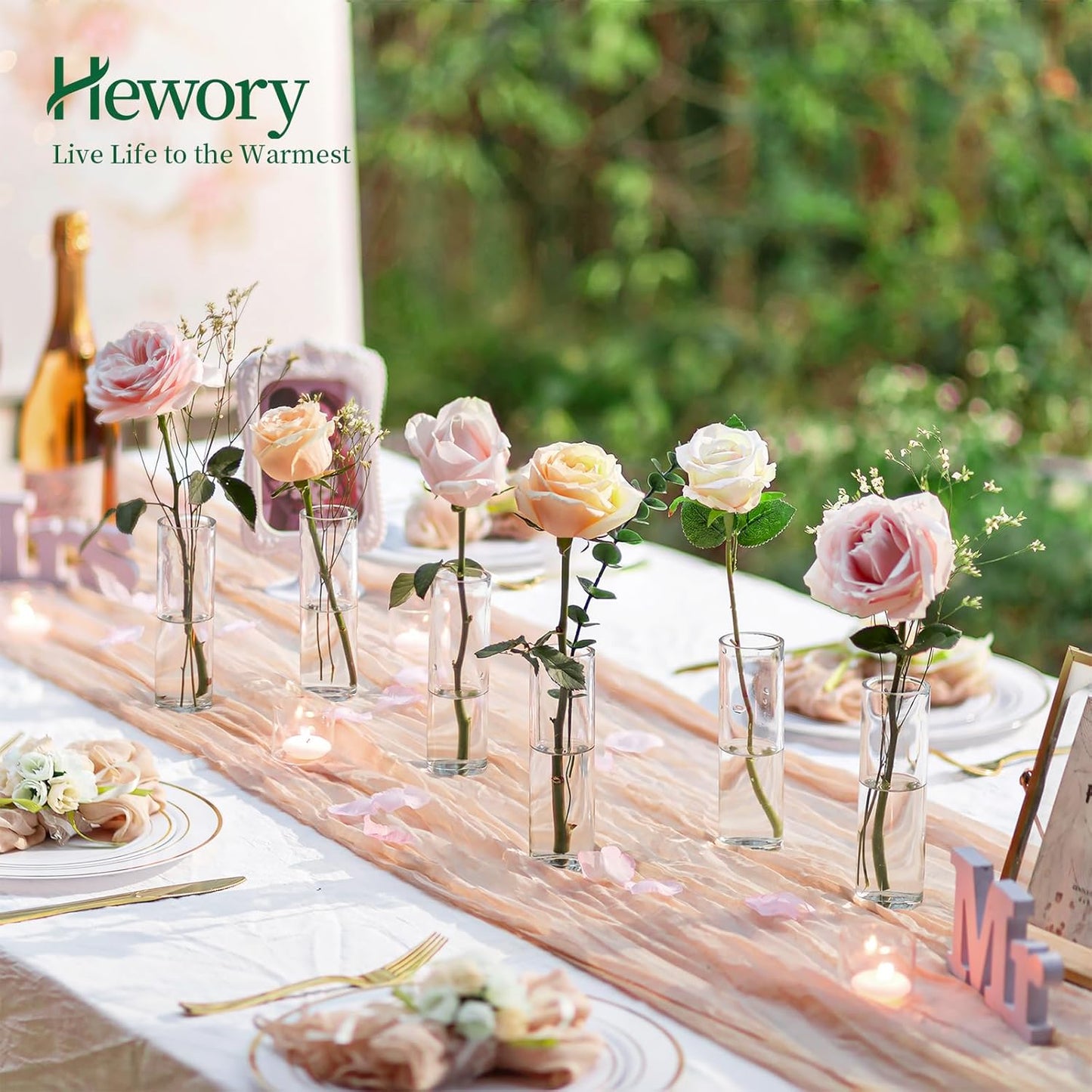 Hewory Cylinder Glass Bud Vases: Set of 12 Small Clear Skinny Single Flower Vase for Centerpieces - Minimalist Bulk Vases for Wedding Birthday Bridal Shower Party Events Table Decor, 5.91"(H)×1.8"(D)
