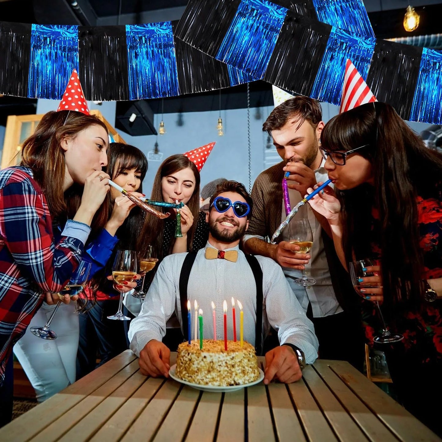 BEISHIDA 3 Packs Metallic Foil Fringe Garland Black Blue Wall Hanging Tinsel Fringe Banners for Car Floats Bridal Shower Wedding Birthday Easter Graduation Holiday Party Decoration(30 Feet)