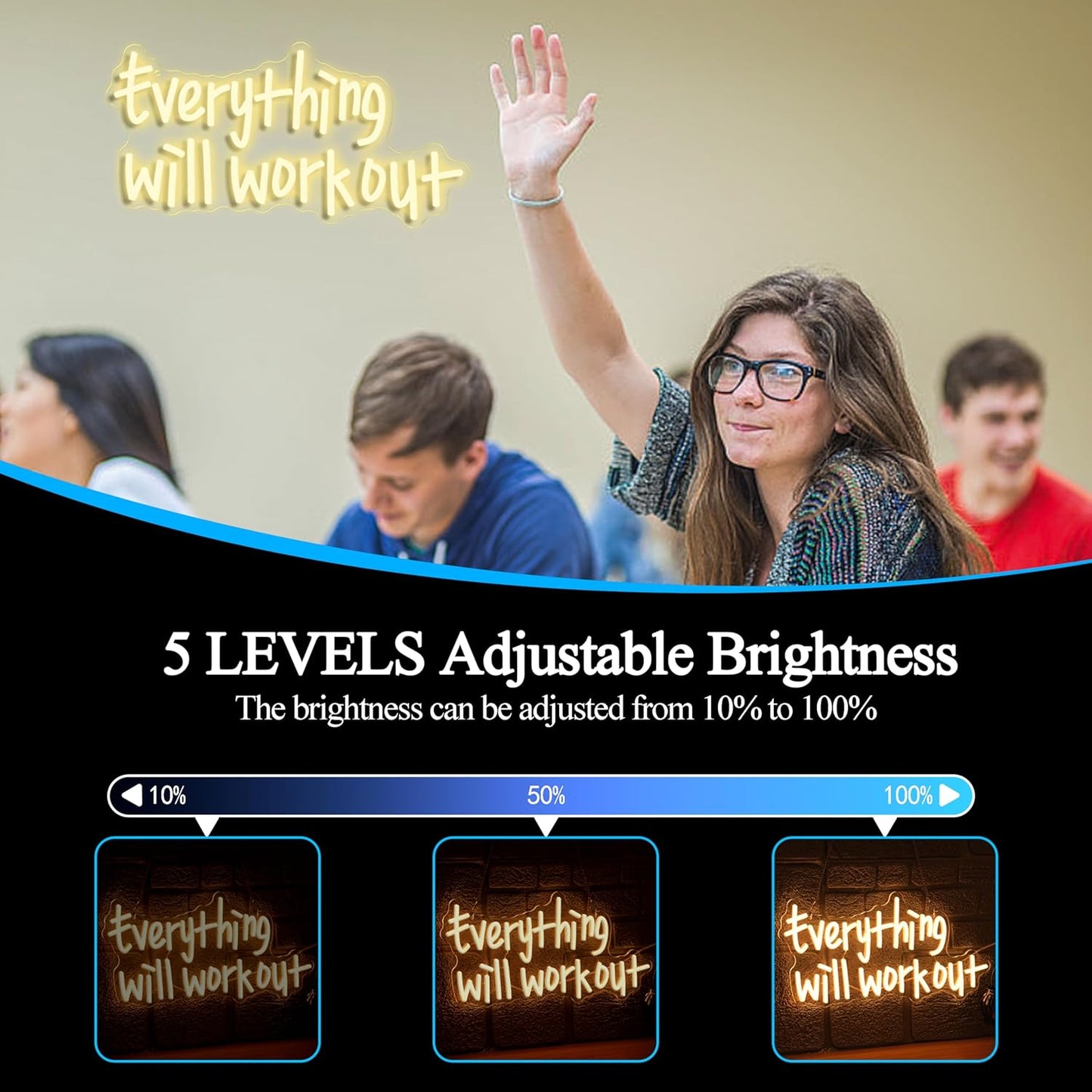 Everything Will Work Out Neon Sign,Inspirational Letter Neon Light Positive Affirmation Light up Sign for Office Bookstore Classroom(16.54 * 8.27In)