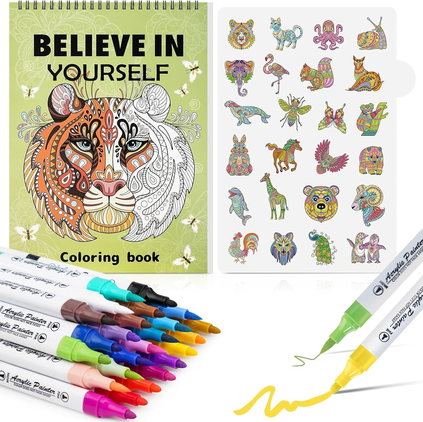Adult Coloring Book Set for Women with 24 Colors Markers, Spiral Bound Coloring Book for Adults Relaxation with Full-Pattern Reference Cards, No Ink Bleeding-Anxiety Relief