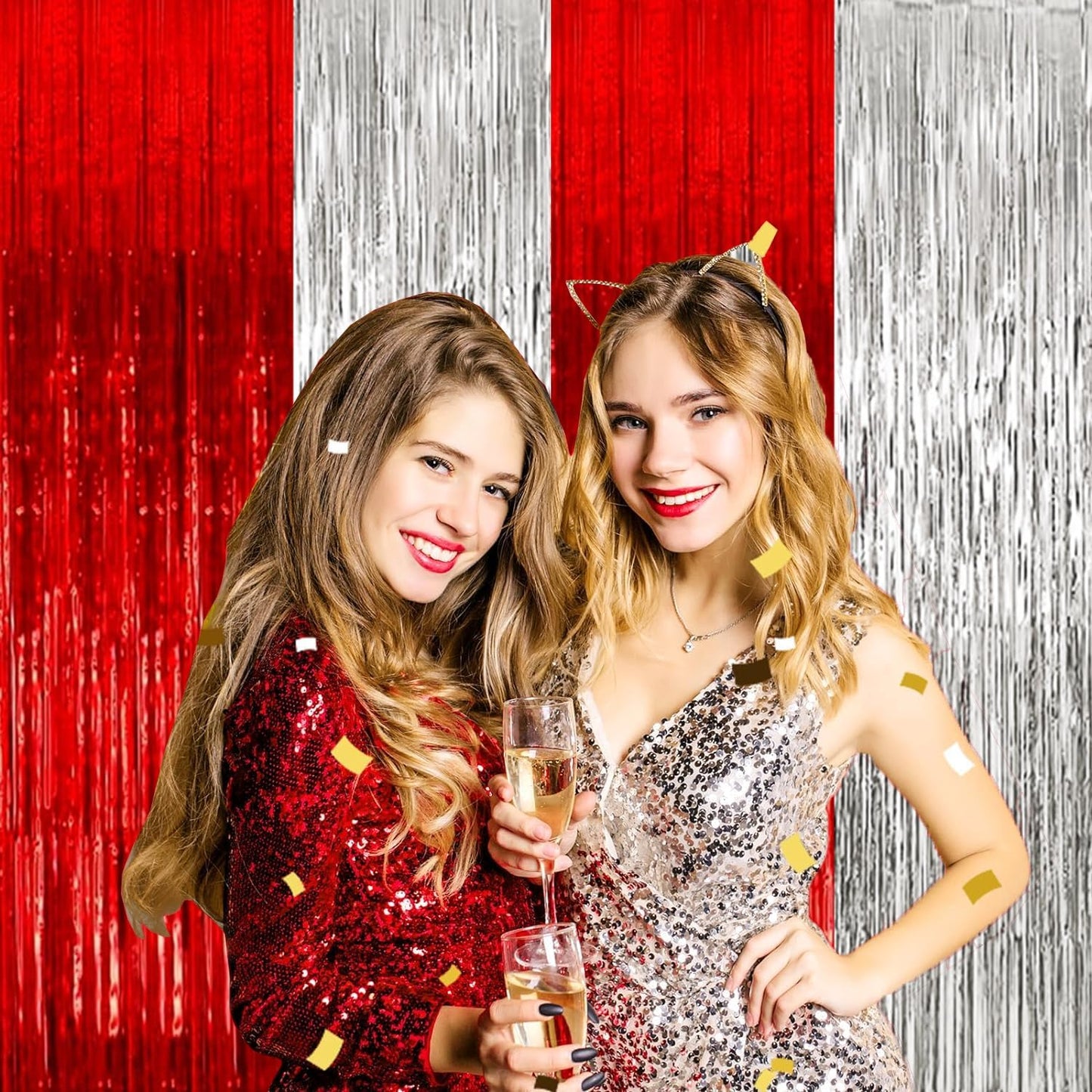 4P Metallic Foil Fringe Tinsel Table Skirts for Rectangle Tables Backdrop Banner Streamer Garland Curtains for Parade Floats Wedding Graduation Anniversary Birthday Parties Decoration(Red Silver)