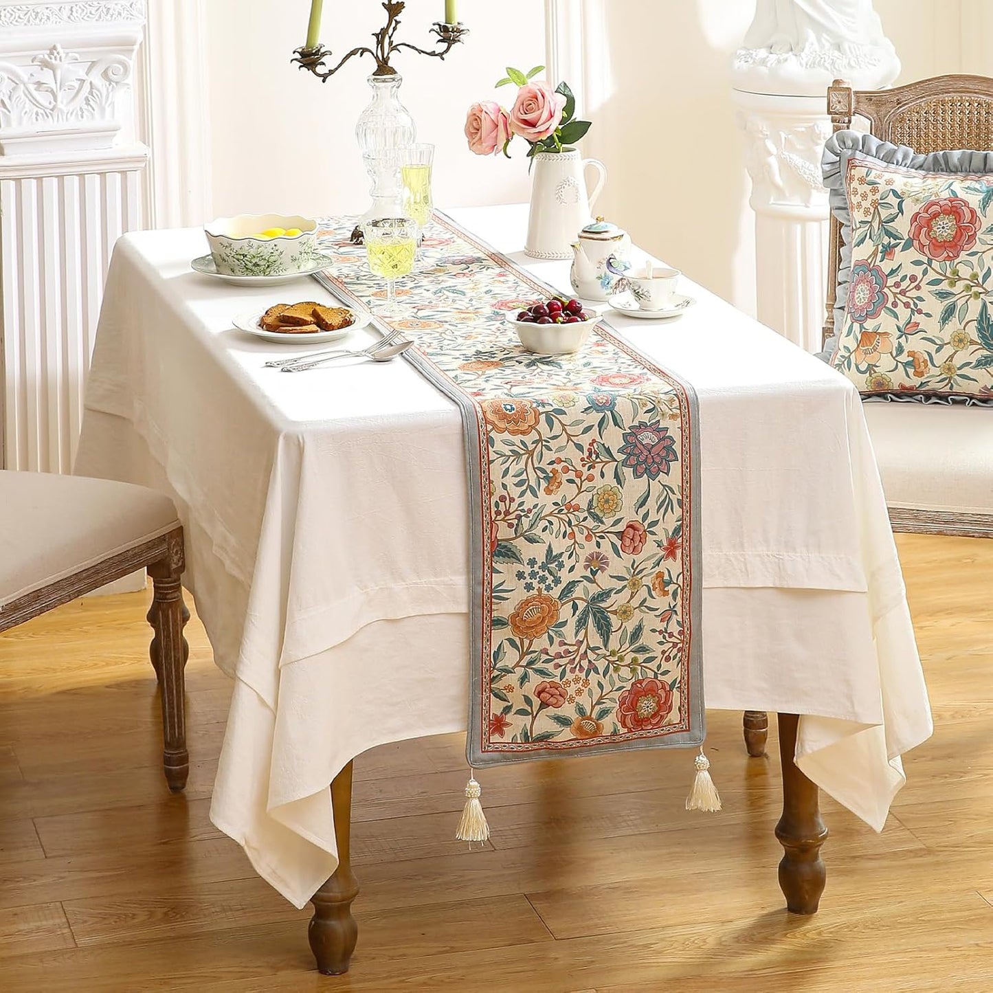 Floral Cloth Small Runner for Table,Decorative Linen 63 Inches Long Table Runners,Farmhouse Decor Tabletop for Kitchen,Dining,Party,Home,Christmas,12"*63"