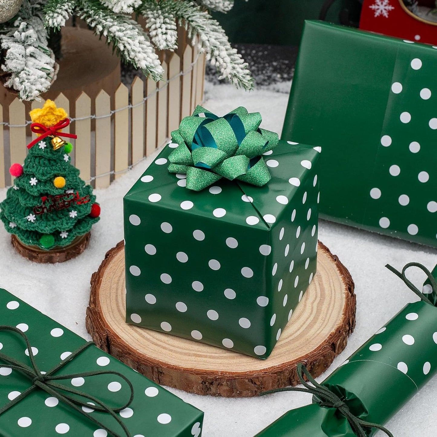 Flyhill Green Wrapping Paper Roll,Reversible Gift Wrap Paper with Polka Dot Design for Birthday,Christmas,Holiday,Party(17 Inch X 32.8 Feet)