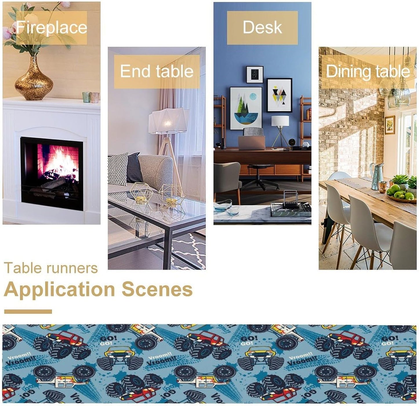 Monster Truck Table Runner,for Kids Boys Cool Colorful Cartoon Blue Cars Pattern Print Tablecloth Burlap for Hotel Indoors Outdoor Dining Room Kitchen Home Decor,W13X L36 in