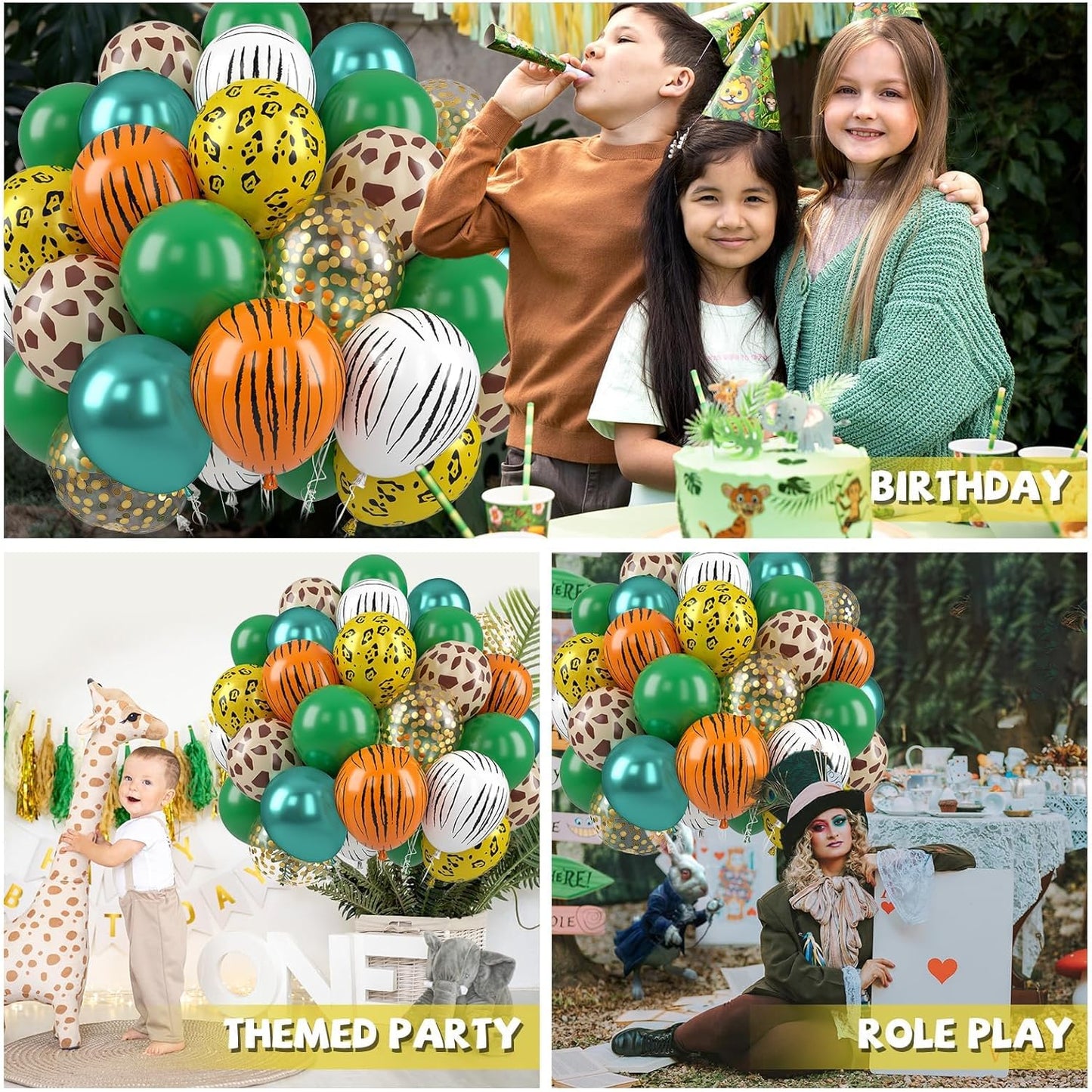 Jungle Safari Balloons, 50 Pcs Animal Print Balloons, 12 Inch Dark Metallic Green Gold Confetti Deer Paw Print Tiger Zebra Leopard Balloons for Birthday Baby Shower Jungle Safari Party Decorations