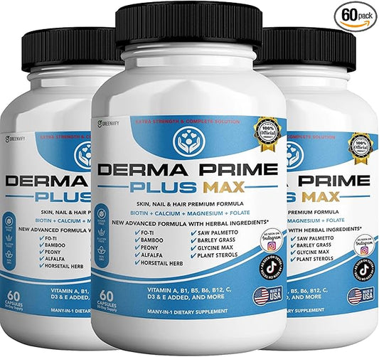 Derma Prime Plus Max Hair Skin Nail Supplement, 60 Capsules, with Biotin 5000mcg, Vitamins, Minerals, Herbal Blend (3)