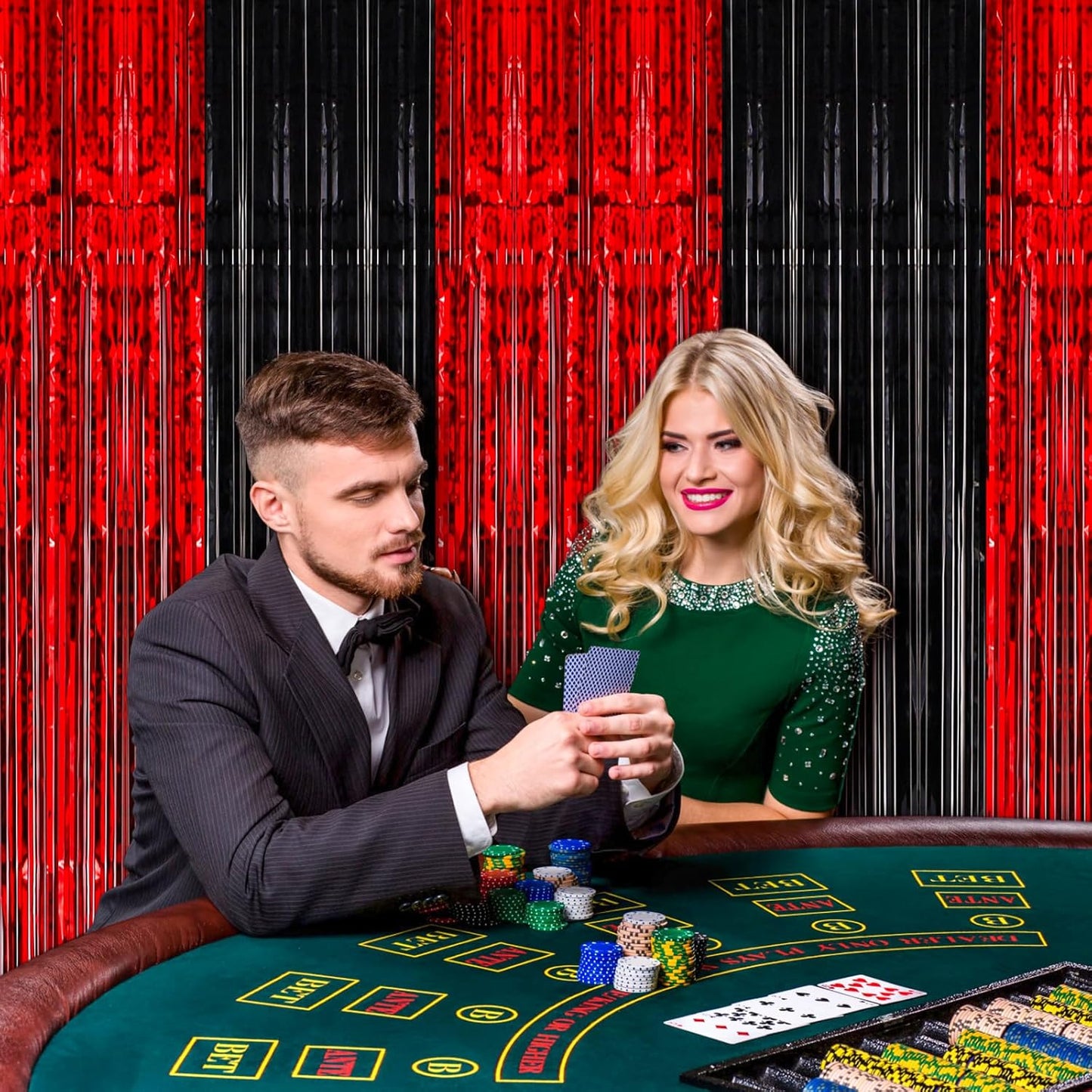 4 Pack 3.3x8.2 Feet Red and Black Foil Fringe Backdrop Curtains, Tinsel Streamers Birthday Party Decorations, Fringe Backdrop for Graduation, Baby Shower, Gender Reveal, Disco Party