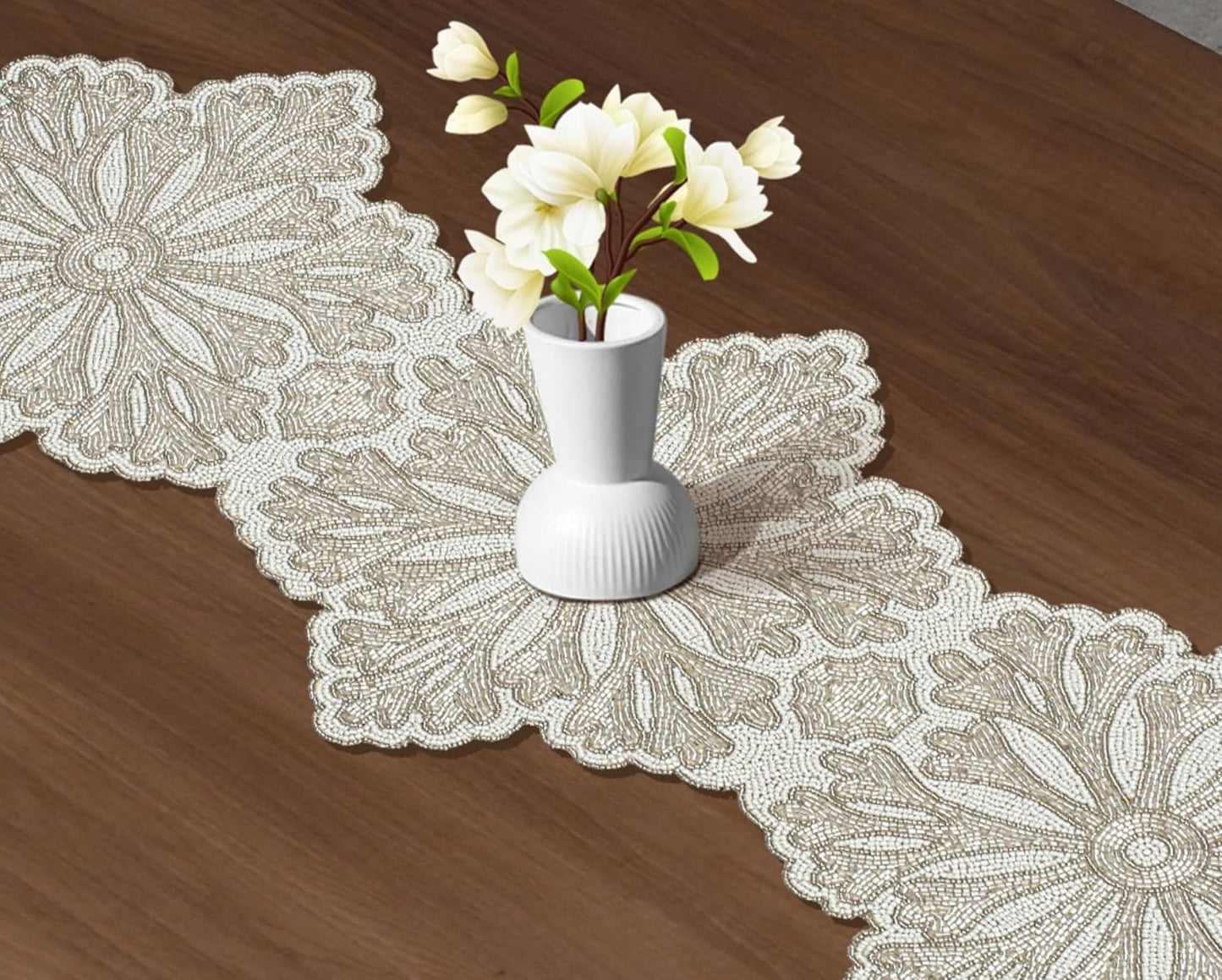 Beaded Table Runner - Elegant & Versatile Dining & Kitchen Linen for Home Decor, Weddings, Parties, Special Occasions, Modern Table Decoration & Luxury Festive Accessory (Ivory) - CLEENTABLE