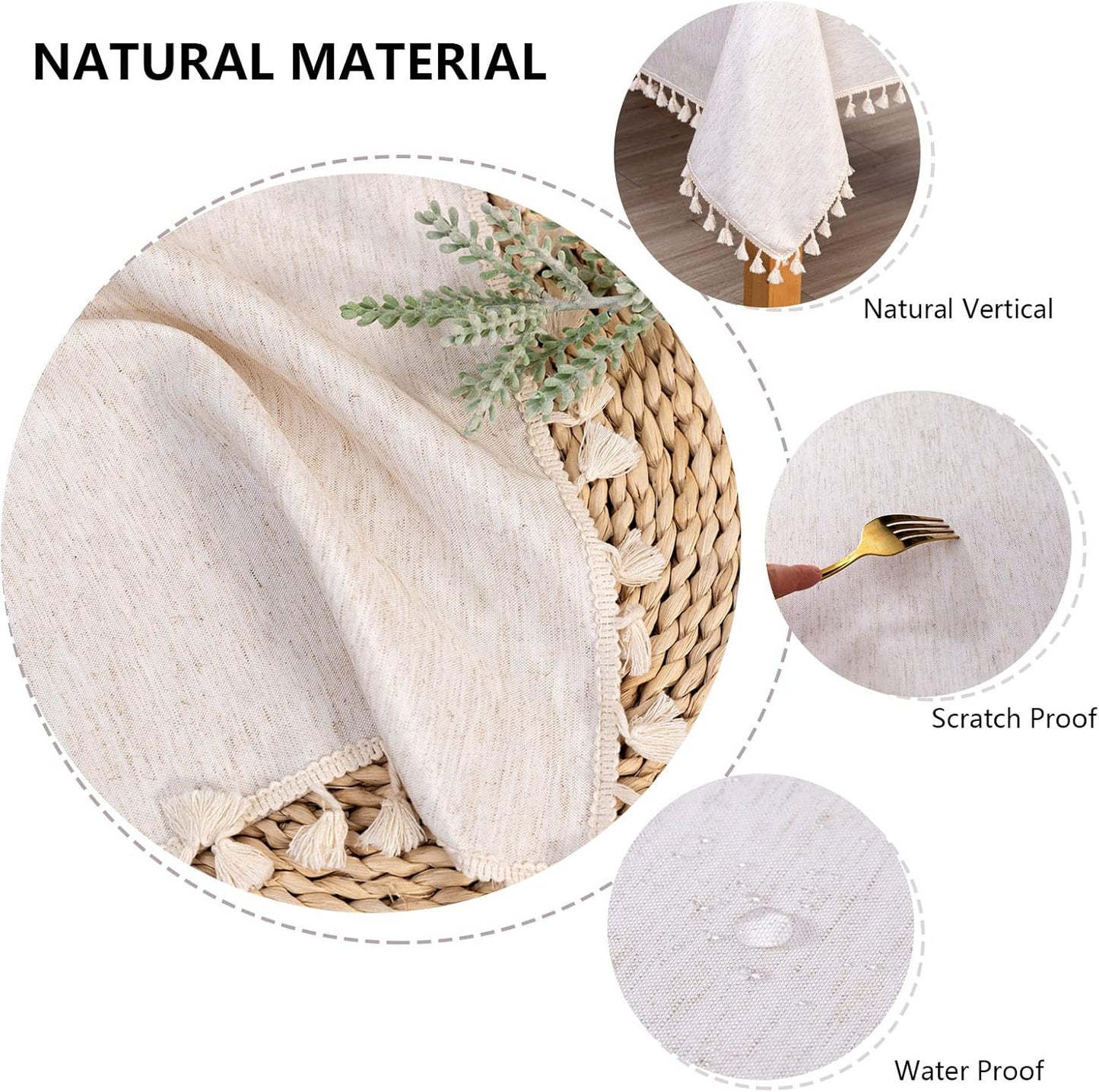 MYSKY HOME Table Cloth 60 in Round Cotton Tablecloth, Heavy Duty Linen Look Waterproof Tablecloths Farmhouse Tablecloth, Soft and Wrinkle Free Table Cover with Beige Tassels for Kitchen Dining, Party