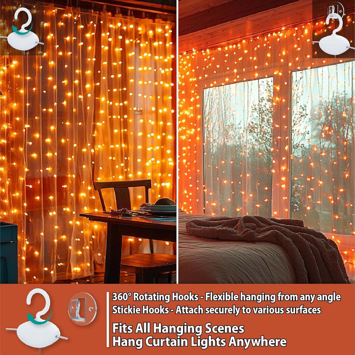 HXWEIYE 300LED Fairy Curtain Lights, 9.8x9.8Ft USB Plug-in 8 Modes Christmas String Hanging Lights with Remote for Bedroom Backdrop Wedding Party Indoor Wall Decor, Orange