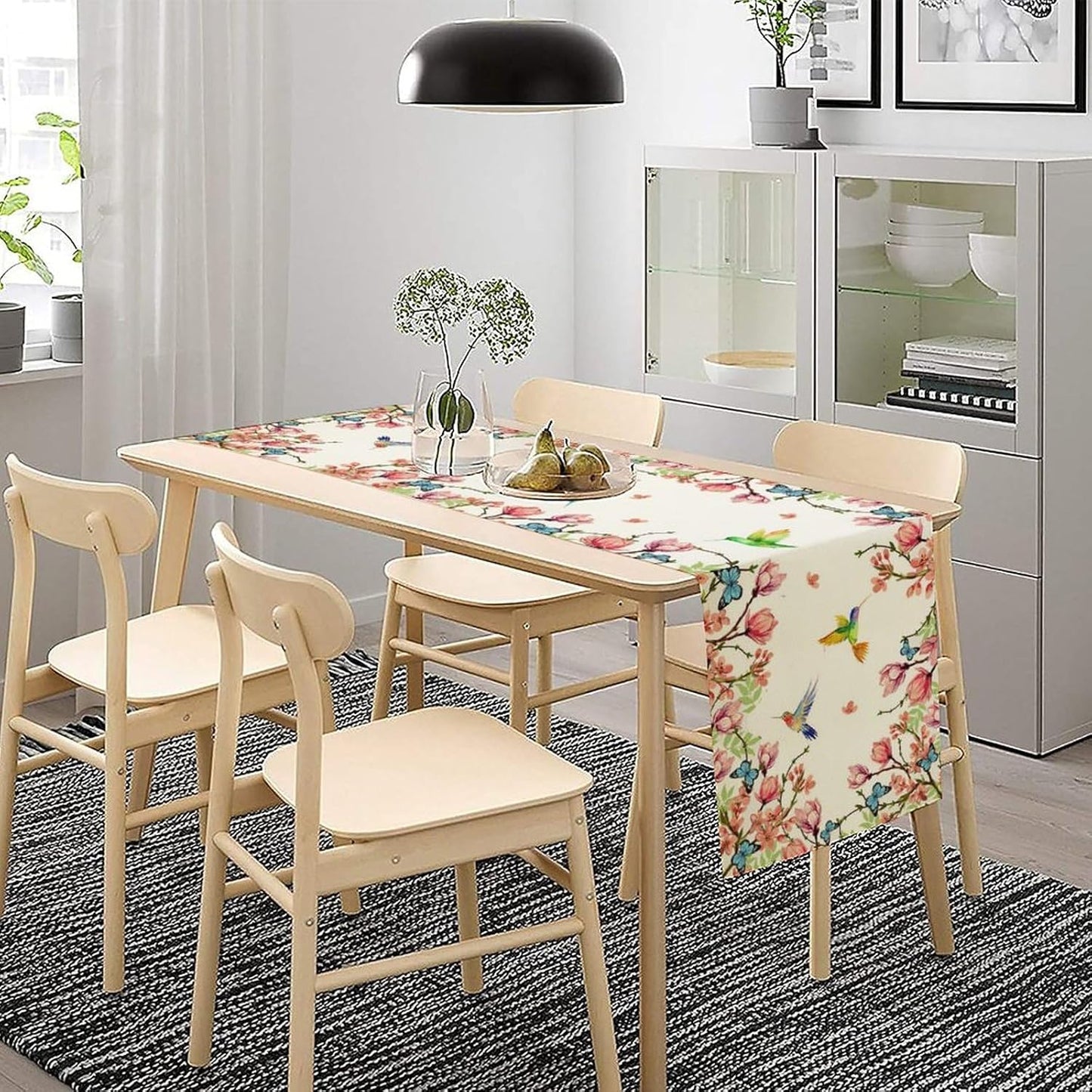 Vintage Watercolor Flower Hummingbird Table Runner Seasonal Spring Garden Plants Birds Florals Farmhouse Country Kitchen Dinner Runner Dining Table Decoration 13"x60"