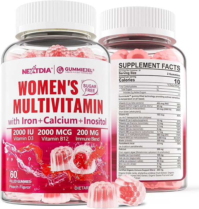 Methylated Multivitamin for Women Gummies, Calcium, D3 K2, Methylfolate & B12, Inositol, Daily Vitamin A, C, E, B Complex, Biotin, Iron - Energy, Immune, Bone, Skin Hair - Vegan, Sugar Free, 60 Count