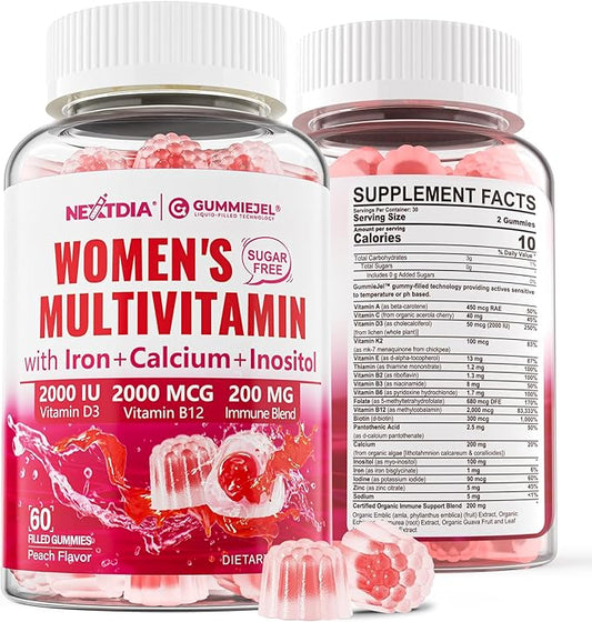 Methylated Multivitamin for Women Gummies, Calcium, D3 K2, Methylfolate & B12, Inositol, Daily Vitamin A, C, E, B Complex, Biotin, Iron - Energy, Immune, Bone, Skin Hair - Vegan, Sugar Free, 60 Count
