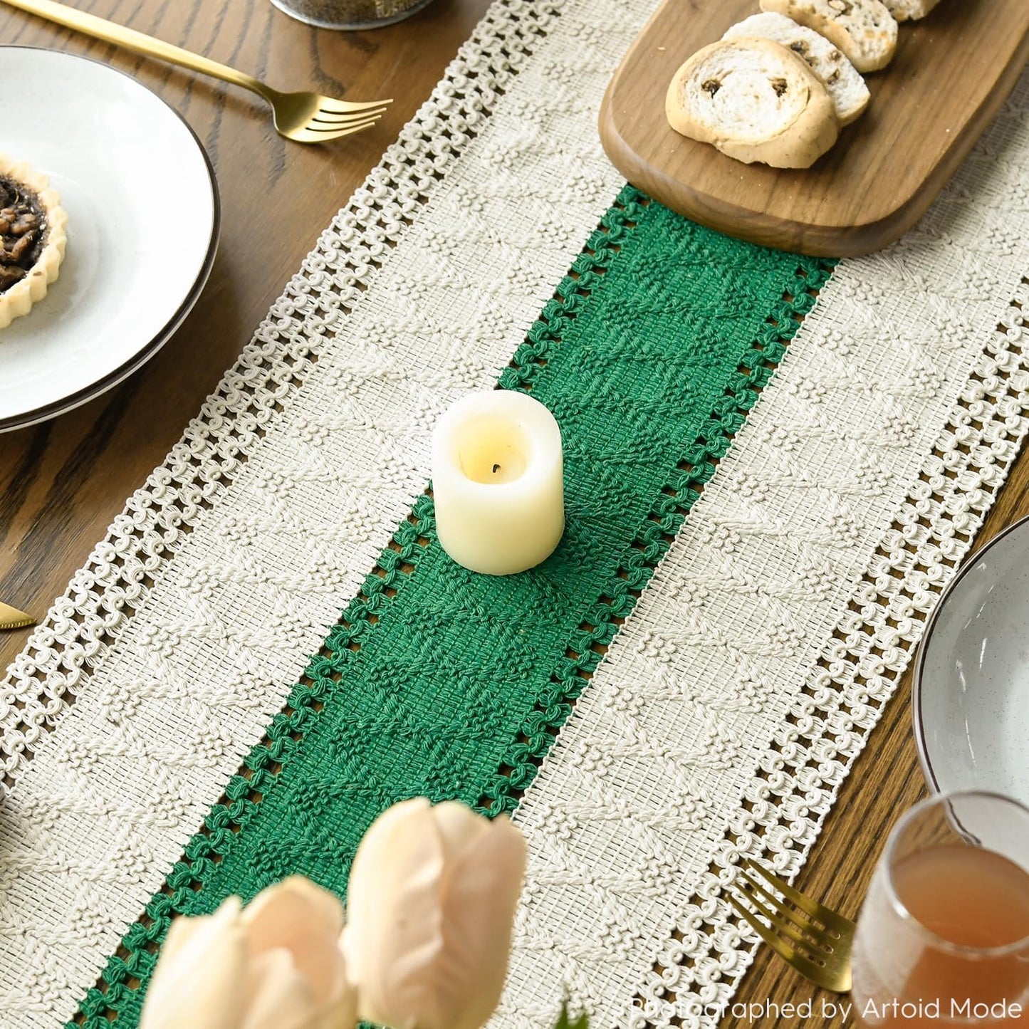 Artoid Mode Dark Green Farmhouse Rustic Table Runner, Seasonal Holiday Hollow Kitchen Dining Table Decoration for Home Party Decor 12x108 Inch