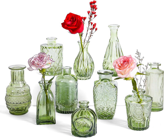 Vintage Small Glass Vases Set of 10,Mini Bud Vases for Flowers,Amber Glass Vases for Centerpieces,Wedding Decorations,Home Table Flower Decor (Hunt Green)