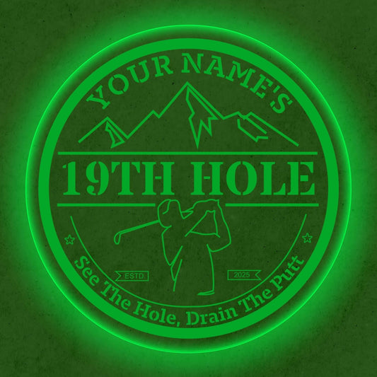 Custom 19th Hole Golf Bar Sign – Personalized LED Color Changing Acrylic Wall Decor for Home Bar, Man Cave, or Patio (19th Hole, 16 INCHES)