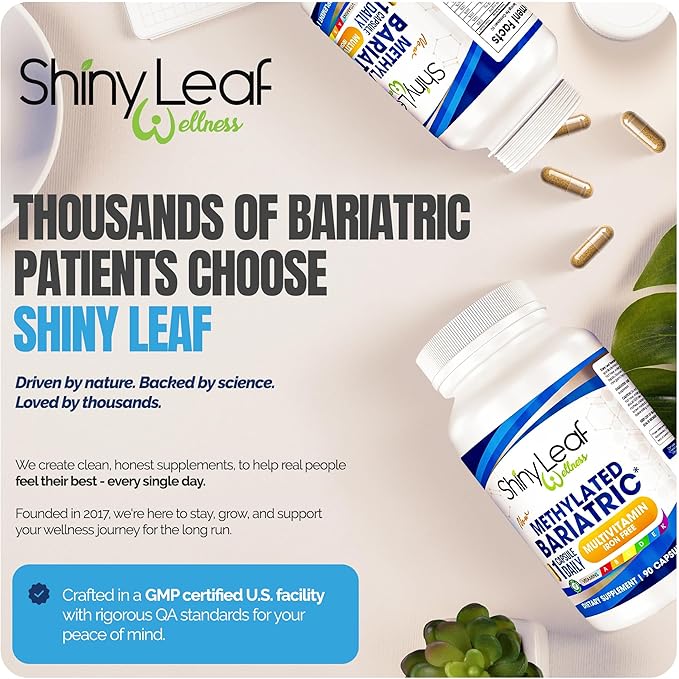 Shiny Leaf Methylated Bariatric Multivitamin Without Iron – Vitamins for Gastric Bypass & Sleeve, 1 Daily Capsule W Methylated Folate, B12, A, C, D, K & More. Vegetarian, Soy-Free, USA Made (90 Ct.)