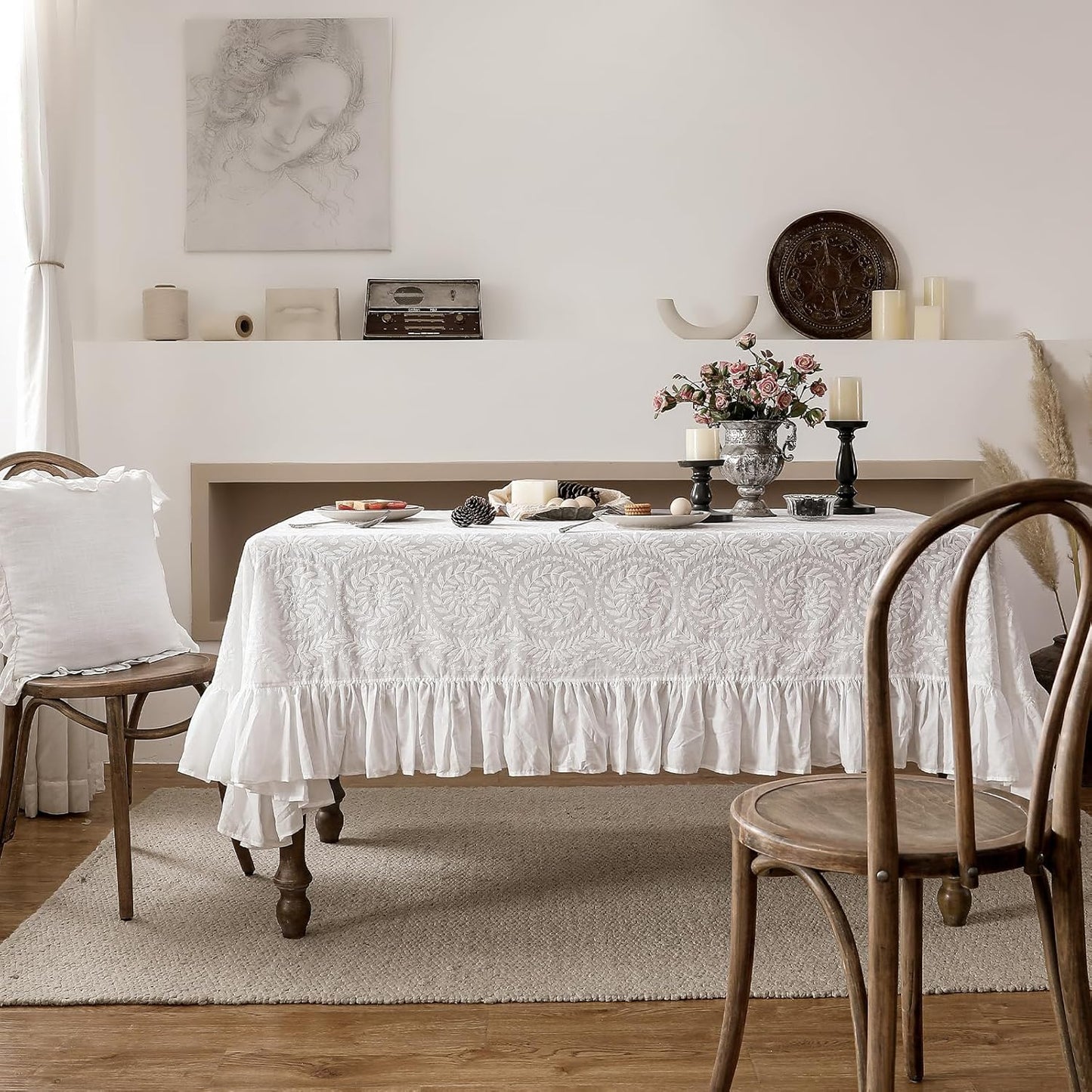 patdrea Vintage Ruffle Tablecloth for Rectangle Tables,Farmhouse Embroidered Cotton White Lace Table Cloth Cover Decor for Dining Room Wedding Banquet Thanksgiving Christmas,63"*106"