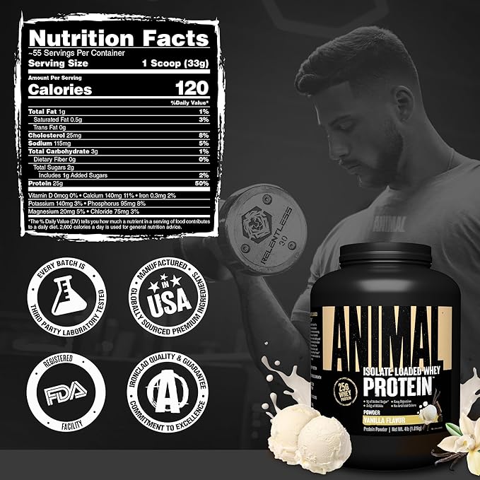 Animal Whey Isolate Protein Powder - Loaded for Pre & Post Workout Muscle Builder and Recovery with Digestive Enzymes for Men & Women - 25g Protein, Great Taste, Low Sugar - Vanilla 4 lbs