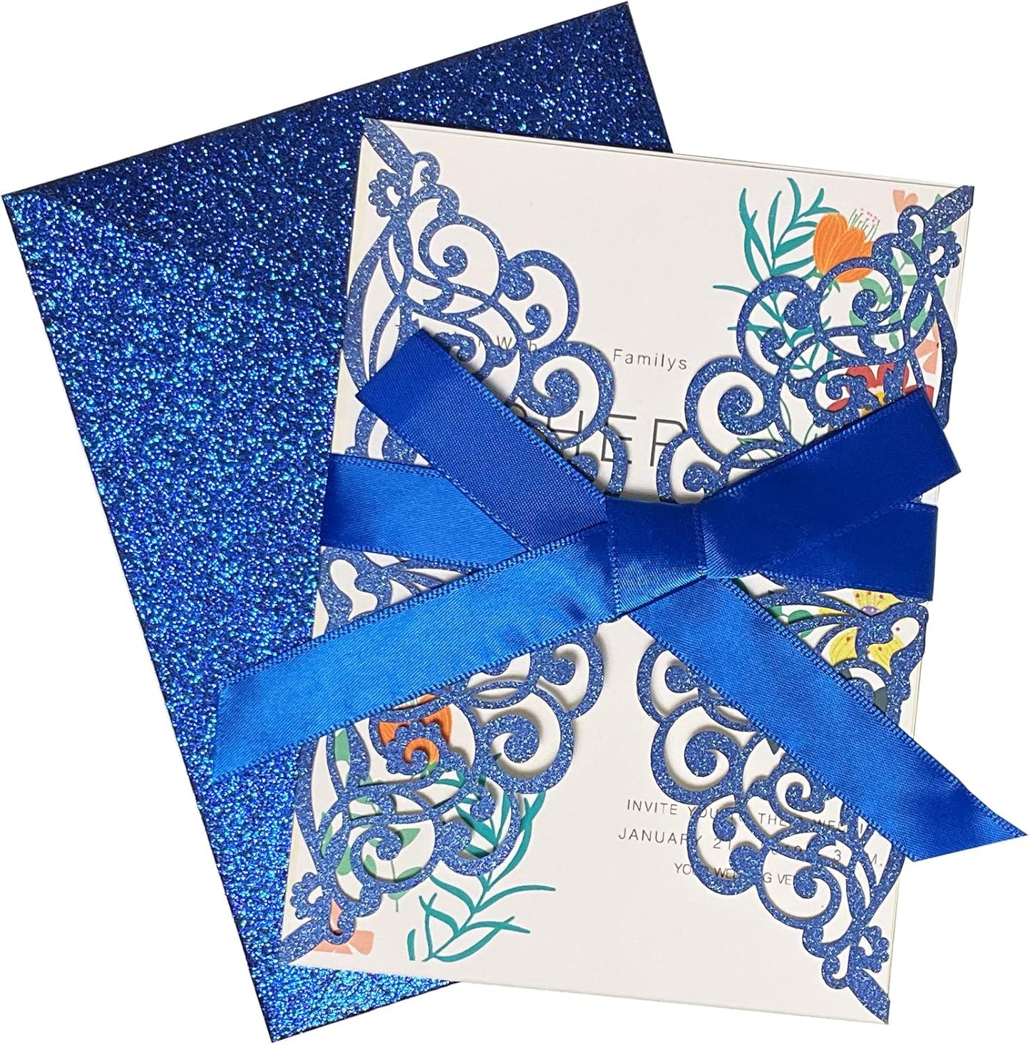 50Pcs Laser Cut Blue Wedding Invitation With Glitter Envelopes And Ribbons Blank Personalized Card Invitaciones Para quinceañera Birthday Baby Shower Christmas Party Bridal Shower